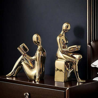 Home Decorative Reading Book Statue Bookends Elegant Ceramic Bookshelf Room Office Desk Decor,Paper Weights, Book Ends,Bookend Supports, Book Stoppers, Set of 2 (Gold)