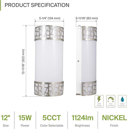 ASD 12 Inch LED Indoor Wall Sconce - Brushed Nickel Modern Dimmable 15W 2700K-5000K Adjustable Wall Mounted Light Fixtures, Wall Lights for Bedroom, Bathroom, Living Room, Hallway Decor - ETL 4 Pack