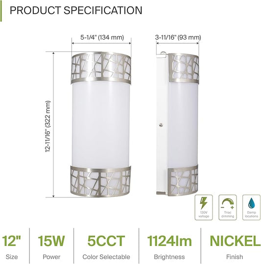 ASD 12 Inch LED Indoor Wall Sconce - Brushed Nickel Modern Dimmable 15W 2700K-5000K Adjustable Wall Mounted Light Fixtures, Wall Lights for Bedroom, Bathroom, Living Room, Hallway Decor - ETL 4 Pack