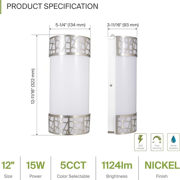 ASD 12 Inch LED Indoor Wall Sconce - Brushed Nickel Modern Dimmable 15W 2700K-5000K Adjustable Wall Mounted Light Fixtures, Wall Lights for Bedroom, Bathroom, Living Room, Hallway Decor - ETL 4 Pack
