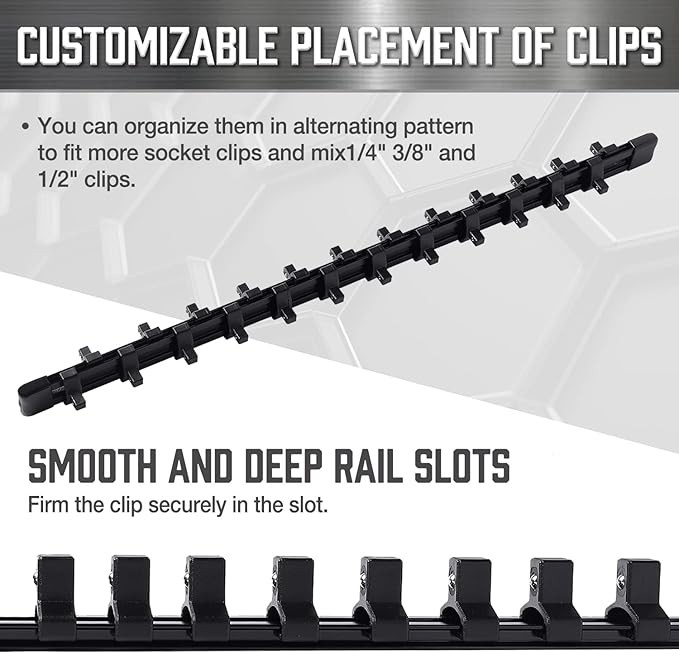 ALOANES 3/8-Inch Drive Aluminum Alloy Socket Organizer, Heavy Duty Socket Racks, Socket Holder Kit for Toolbox Drawer 3/8-Inch x 18 Clips (Black)