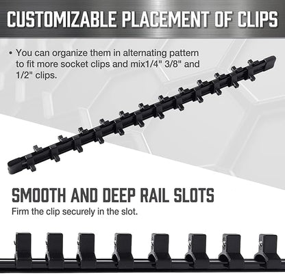 ALOANES 3/8-Inch Drive Aluminum Alloy Socket Organizer, Heavy Duty Socket Racks, Socket Holder Kit for Toolbox Drawer 3/8-Inch x 18 Clips (Black)