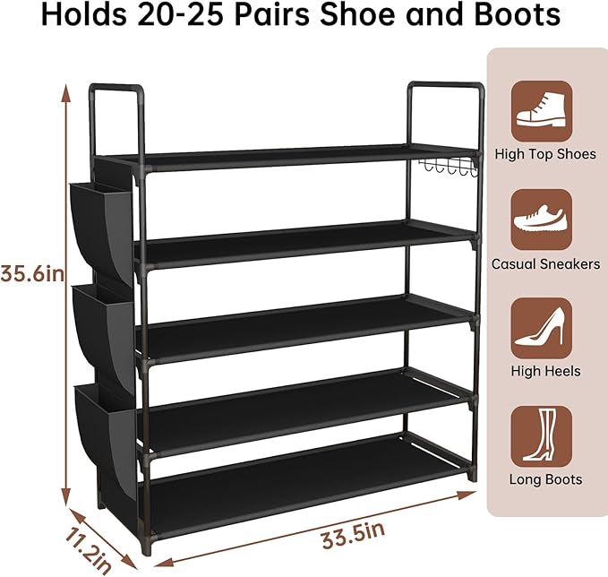 5 Tier Freestanding Shoe Rack, Space Saving Shoe Organiser with Side Pockets and Metal Hooks, Adjustable Shoe Rack for Entrances, Corridors, Dormitories, Holds 20-26 Pairs of Shoes, Metal Bracket