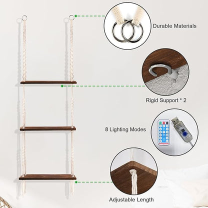 Hanging Shelf with Vine Lights(USB Powered), Macrame Shelf, Wall Shelf with Handmade Ropes, 3 Tier Floating Shelf, Boho Room Decor Aesthetic for Succulents, Bedroom, Living Room, Bathroom