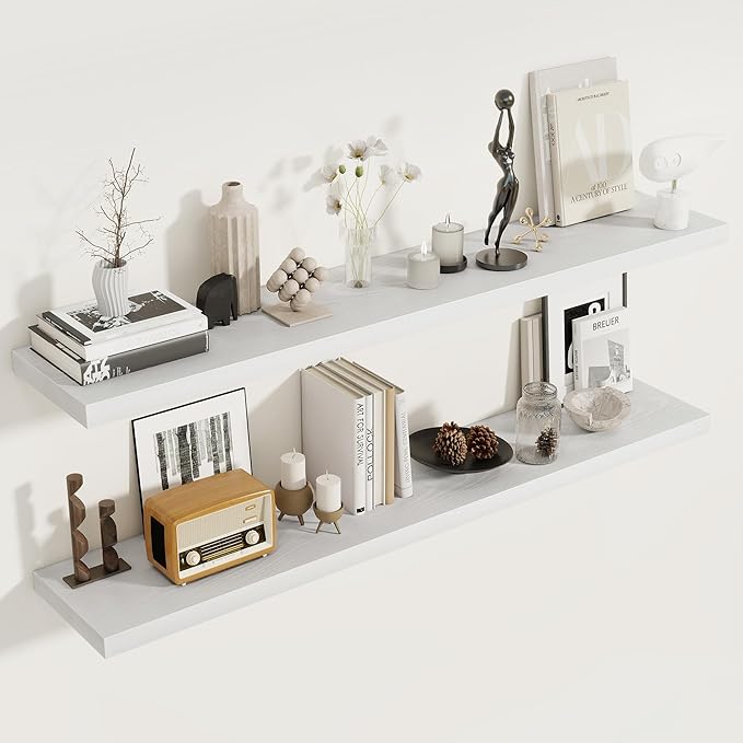 Fun Memories 55 Inch Floating Shelves for Wall 2 Pack Shelves for Bedroom|Kitchen|Bathroom Wall Mounted Rustic Wood Floating Shelf with Invisible Brackets for Books|Storage|Decor, White