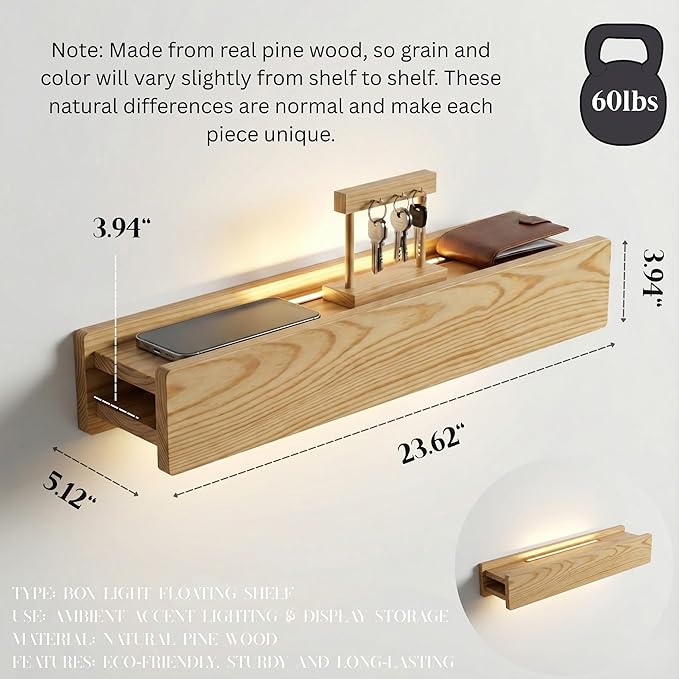 24" Natural Wood LED Floating Shelf, Heavy Duty Solid Pine Decorative Wall Mounted Shelf with Soft Ambient Lights, Minimalist Ledge for Living Room & Bedroom, Ideal for Scandinavian Home Decor