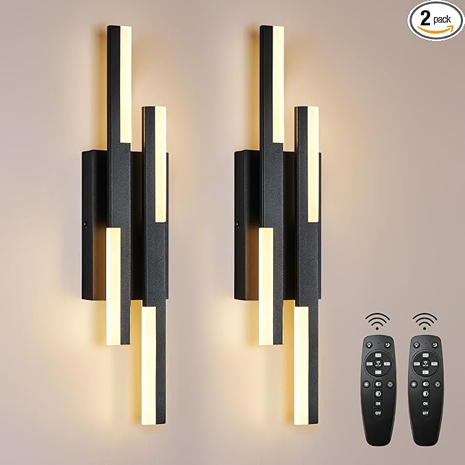 Modern LED Vanity Lights Set of 2, Black Wall Sconce with Remote Control Dimmable Indoor Wall Light Bedside Remote Sconce for Bedroom Bathroom Living Dining Room (2 Pack H19.7’’)