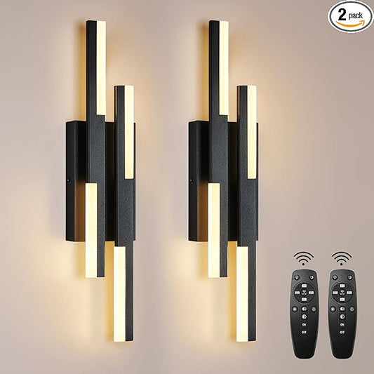 Modern LED Vanity Lights Set of 2, Black Wall Sconce with Remote Control Dimmable Indoor Wall Light Bedside Remote Sconce for Bedroom Bathroom Living Dining Room (2 Pack H19.7’’)