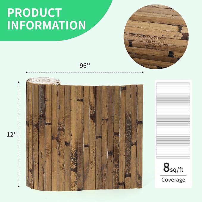 Natural Bamboo Wall Panel for Interior Wall Decor, Renewable Pole Wrap Wainscoting Paneling for Wall Ceiling Furniture Cabinet Office, 12 x 96 Inch, Dark Burned