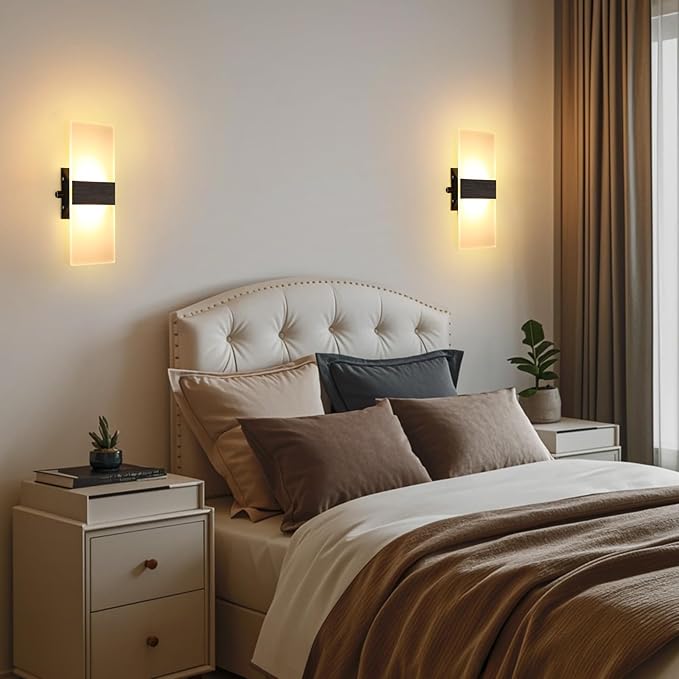 Lightess Modern LED Wall Sconces with Switch, 12W Indoor Wall Lights Set of Two, Hardwired Acrylic Dimmable Wall Mounted Lighting for Living Room Hallway Bedroom, Warm White, 2 Pack
