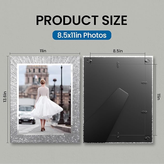 8.5x11 Glass Picture Frame Set of 2, Glitter Photo Frame for Tabletop or Wall Display, Spaekle 8.5 by 11 Silver Wedding Frame