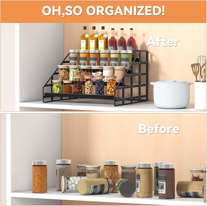 Spice Rack 4 Tier Kitchen Cabinet Organizer,Countertop Spice Rack,Tier Depth Adjustable Cabinet Shelf,Step Spice Organization Easy Visibility,Holds Seasoning and Condiments