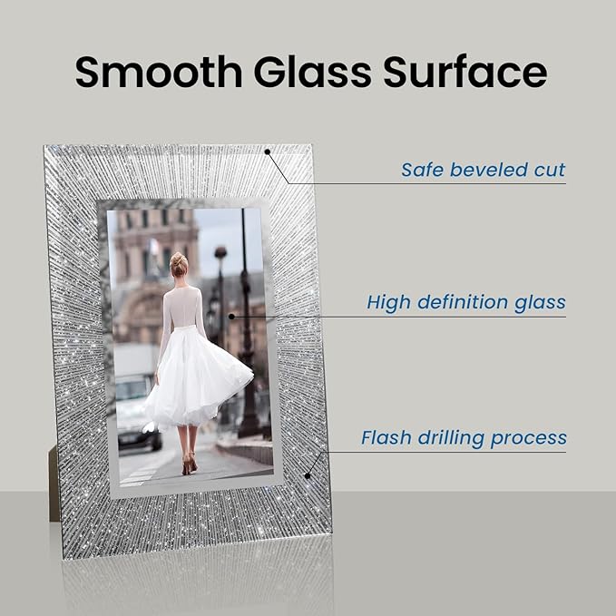 5x7 Picture Frame Glass 2 Pack, Sparkly Glitter Photo Frame 5 x 7 Mirror Crystal Wedding Gift Wall and Tabletop Display