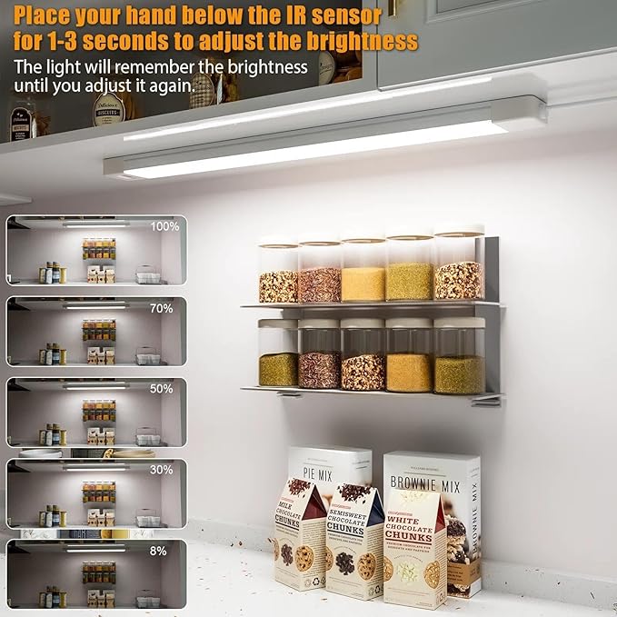 MYPLUS 24 Inch Under Cabinet Lights with Hand Wave, Under Counter Lighting 5000K Cold White,Dimmable,Plug and Play,LED Lights for Kitchen Cabinet, Cupboard, Closet, Desk