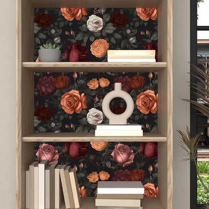 Dark Floral Peel and Stick Wallpaper Vintage Orange/Red Floral Contact Paper 17.5"x118" Waterproof Self Adhesive Boho Wall Mural Black Rose Wall Paper for Bedroom Stair Cabinet Decor