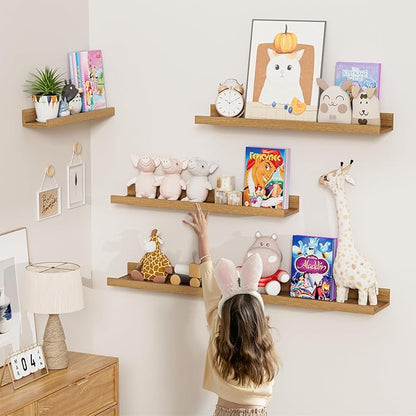 Heimlove 16 Inch Picture Ledge Shelf with Lip Set of 8,Oak Floating Shelves for Wall,Wall Shelves in Varying Depths for Living Room Bedroom Bookshelf Photo Frames Nursery Book Shelves for Storage
