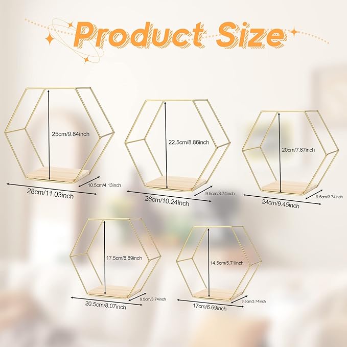 Wall Mounted Hexagonal Floating Shelves Set of 5 in Different Sizes, Modern Metal Shelf, Simple Wood Partition Storage Shelves, Gold Decor Rack for Bedroom, Living Room, Kitchen and Office