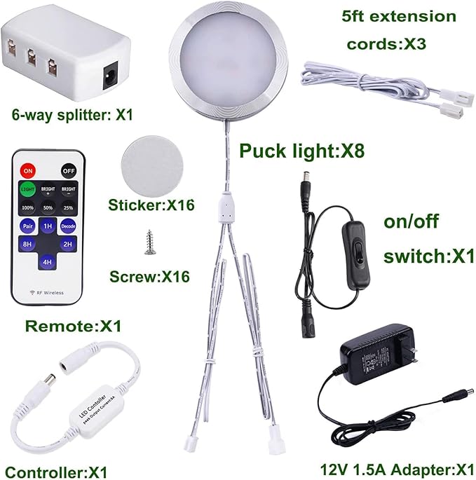 AIBOO Linkable Under Cabinet LED Lighting 12V Slim Aluminum Dimmable Puck Lights with RF Remote Control & UL Listed Plug for Display Bookshelf Lighting(8 Lights, Warm White)