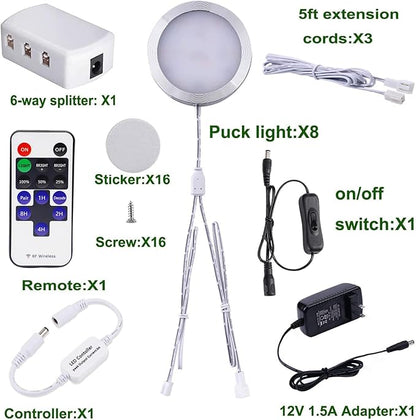 AIBOO Linkable Under Cabinet LED Lighting 12V Slim Aluminum Dimmable Puck Lights with RF Remote Control & UL Listed Plug for Display Bookshelf Lighting(8 Lights, Warm White)