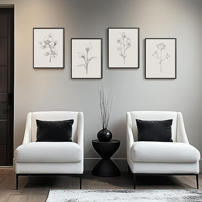 Framed Black and White Floral Wall Art, 4 Piece Vintage Gray Botanical Canvas Prints Painting Artwork, Minimalist Neutral Flower Pictures for Farmhouse Bedroom Living Room Bathroom Home Decor, 11x14