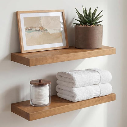 Homeforia 18 inch Golden Oak Floating Shelf, High End Solid Real Wood 18inch Small Floating Shelves for Wall Mounted, Oak Wooden 18in Floating Shelves, Heavy Duty Bracket, 18 X 6.5 X 1.75 in, Set of 4