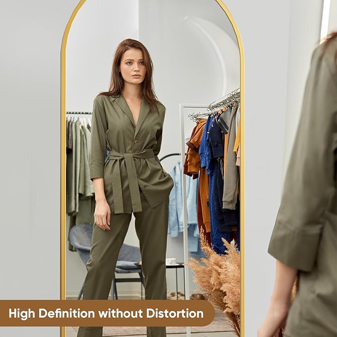 DUMOS Arched Full Length Mirror with Stand 71"x26" Floor Standing Aluminum Frame for Bedroom Body Hanging Leaning Modern Simple Home Decor Shatter-proorf Nano Glass Wall Living Room Cloakroom Gold