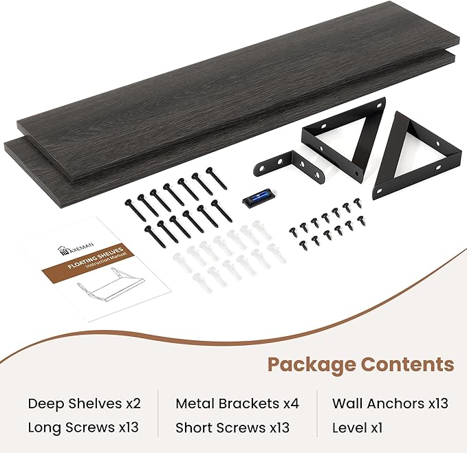 Axeman 32 Inch Floating Shelves | 8 Inch Deep Black Wood Wall Shelves Set of 2 | 31.5