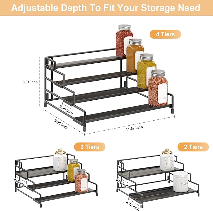 4-Tier-Spice-Rack-Organizer-for-Cabinet, Adjustable Depth Spice Holder Shelf For Countertop Pantry Cupboard, Metal Tiered Seasoning Organizer,Display Shelf Riser (Black-2 Pack)