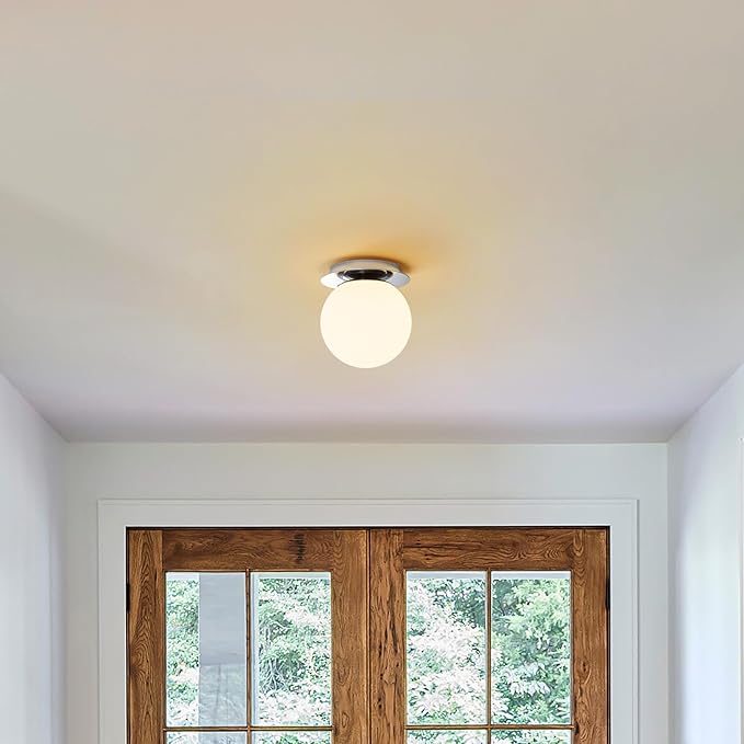 Modern Glass Globe Wall Sconce: Chrome Single Light with Milk Glass Shade - Minimalist Spherical Vanity Sconces over Mirror - Contemporary Ball Wall Lights Fixtures for Entryway Bulb Not Included