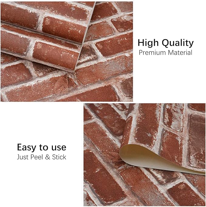 Okydoky Peel and Stick Wallpaper, Rustic Red Brick Wallpaper for Home Decoration, Kitchen Backsplash, Vinyl Self Adhesive Wall Paper for House, Workshop & Office, 17.3