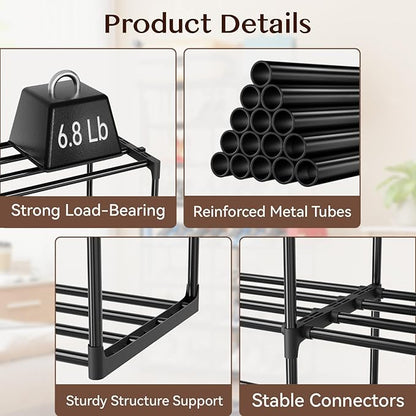 SUFAUY Large Shoe Rack Organizer, 2 Row 8 Tier 32-40 Pairs with Hooks, Sturdy Metal, DIY Stackable &Adjustable, Black