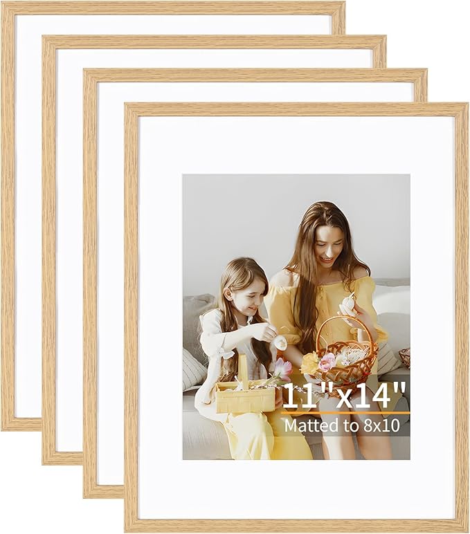11x14 Picture Frame Set of 4, Displays 8x10 with Mat or 11x14 Without Mat, Photo Frames for Wall Hanging or Tabletop, Includes HD Plexiglass, Light Wood Grain