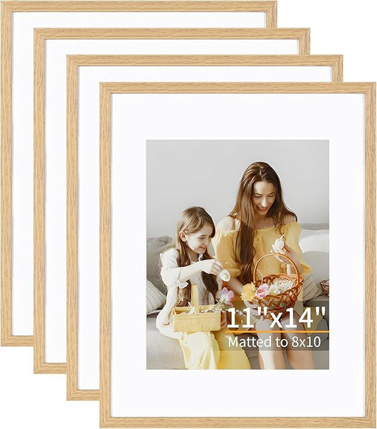 11x14 Picture Frame Set of 4, Displays 8x10 with Mat or 11x14 Without Mat, Photo Frames for Wall Hanging or Tabletop, Includes HD Plexiglass, Light Wood Grain