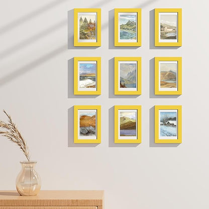 Vittanly 4x6 Picture Frames Set of 9, Shatter Resistant Plexiglass, Display 3.5x5 Pictures with Mat or 4x6 without Mat, Photo Frames for Wall or Tabletop, Engineered Wood, Yellow