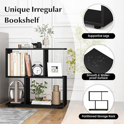 Giantex 3-Tier Geometric Bookshelf Set of 2, 24" Tall Wood S-Shaped Display Shelves with Thick Foot Pads, Freestanding Open Shelves Nightstand, Floor Standing Display Shelf Bookcase, Black