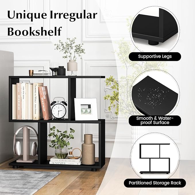 Giantex 3-Tier Geometric Bookshelf, 24" Tall Wood S-Shaped Display Shelves with Thick Foot Pads, Freestanding Open Shelves Nightstand, Floor Standing Display Shelf Bookcase, Black