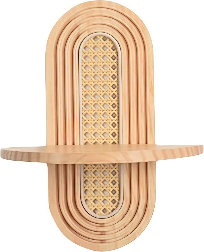 4-Shelf Bohemian Rattan Wall Shelf, Vintage Arched Design, Easy to Install Wood & Rattan, Suitable for Bedroom, Living Room, Office & Balcony