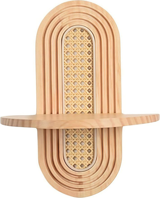 4-Shelf Bohemian Rattan Wall Shelf, Vintage Arched Design, Easy to Install Wood & Rattan, Suitable for Bedroom, Living Room, Office & Balcony