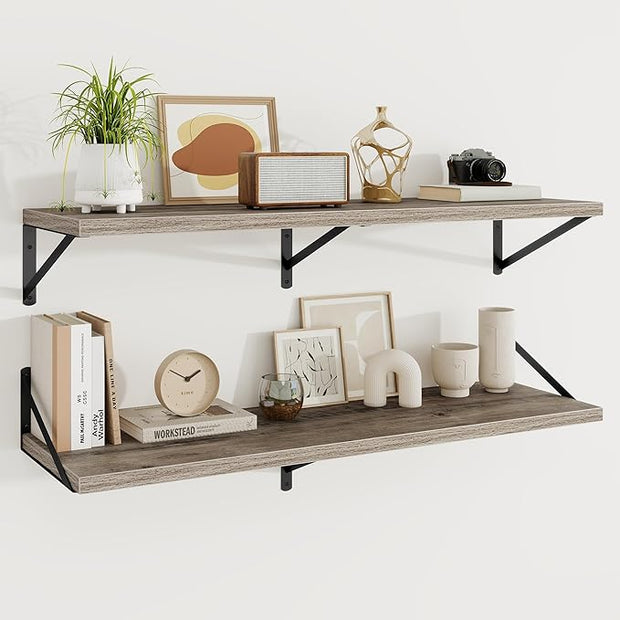 Floating Shelves, 12 Inch Deep Rustic Wood Wall Storage, 48W x 12D Wall Shelves Set of 2, Heavy Duty Metal Brackets, Large Industrial Book Shelf for Living Room, Kitchen, Bedroom, Grey