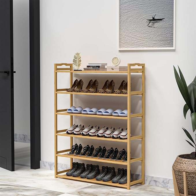 6-Tier Free Standing Shoe Racks, Bamboo Wood Shoe Rack for Entryway & Closet, Holds up to 24 Pairs of Shoes