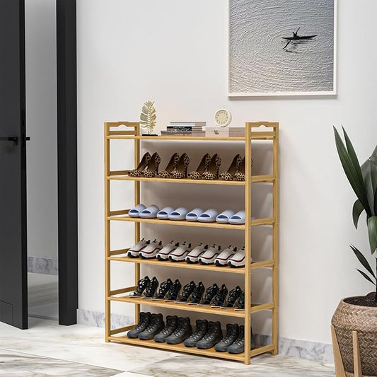 6-Tier Free Standing Shoe Racks, Bamboo Wood Shoe Rack for Entryway & Closet, Holds up to 24 Pairs of Shoes