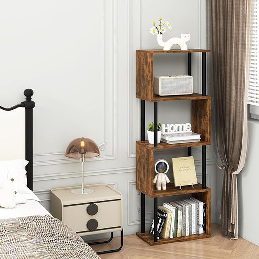 IBUYKE 5-Tier Tall Bookshelf,S-Shaped Geometric Bookcase, Wood Display Shelves with Storage,Industrial Bookshelf for Living Room Bedroom, Home Office, Rustic Brown WBC015H