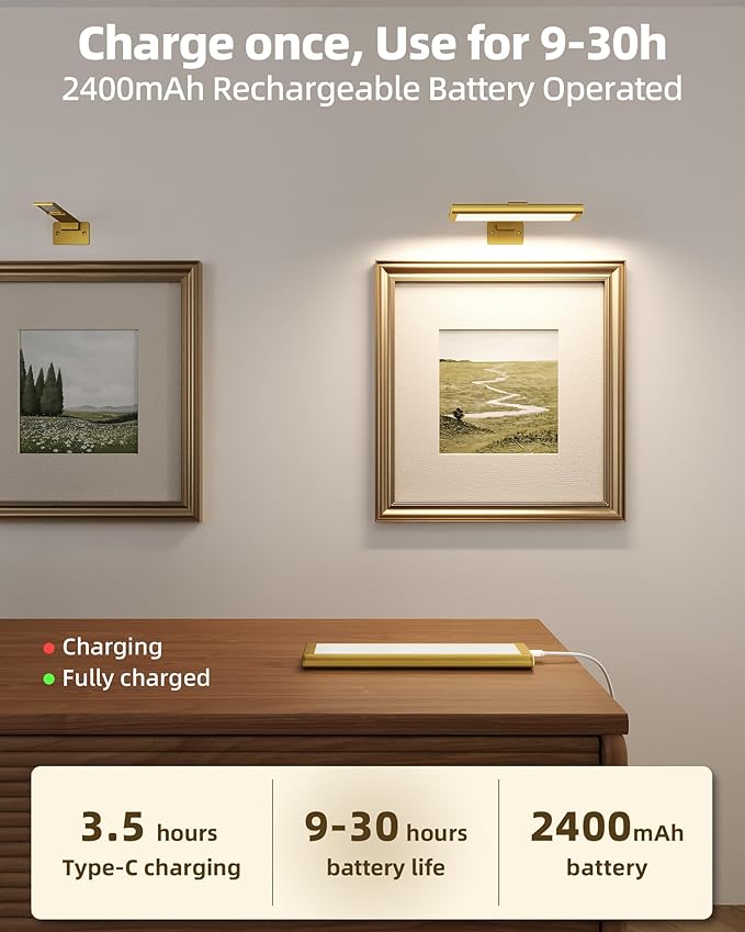 EZVALO Picture Light for Wall, Rechargeable 2400mAh Battery Lights Wireless Remote, 3 Color & Dimmable Magnetic 7.87'' LED Lights Display for Painting, Living Room, Gallery, Bedroom(Gold-2P)