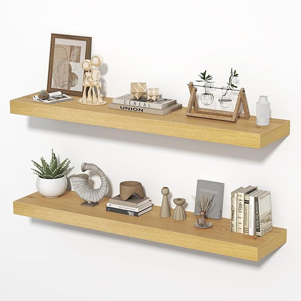 Floating Shelves for Wall, 40" W x 8" D x 1.5" H, Wooden Wall Mounted Display Shelves with Invisible Brackets for Living Room, Bedroom, Bathroom, Kitchen Decor and Storage, Set of 2, Oak