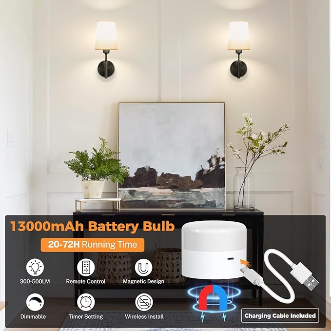 Wall Sconces Battery Operated, Battery Operated Wall Sconce with 13000mAh Magnetic Bulbs and Remote, Rechargeable Wall Sconce Set of 2, WirelessWall Lamp/Lights for Bedroom (Black)