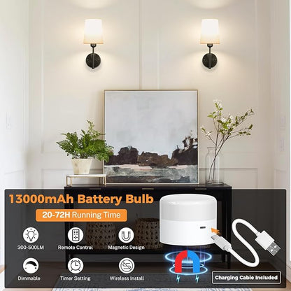Wall Sconces Battery Operated, Battery Operated Wall Sconce with 13000mAh Magnetic Bulbs and Remote, Rechargeable Wall Sconce Set of 2, WirelessWall Lamp/Lights for Bedroom (Black)