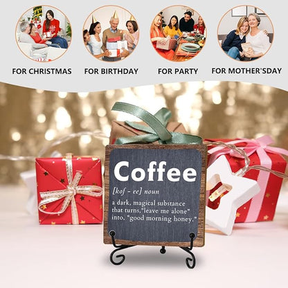 Coffee Bar Decor Accessories, Wooden Sign With Iron Stand For Farmhouse Home Kitchen Table, Coffee Sign for Farmhouse Home Cafe Kitchen Office Bar Shelf Table, Gifts for women Family Friend Coworker