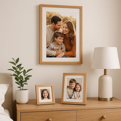 puthiac 8x12 Solid Oak Wood Picture Frame, Fits 6x8 with Mat or 8x12 Without Mat, Wall or Tabletop Display with Stand, Vertical or Horizontal, Plexi Front, 3 Pack, Natural Oak