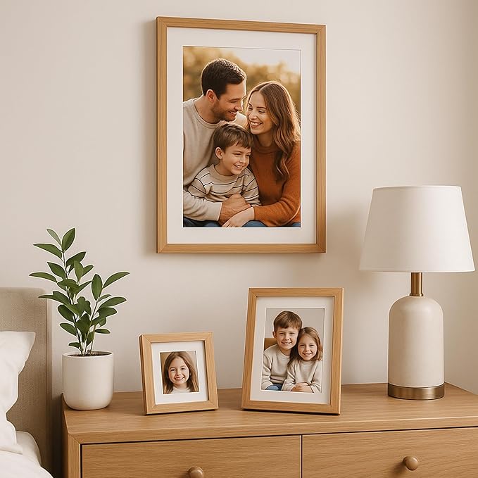 puthiac 8x12 Solid Oak Wood Picture Frame, Fits 6x8 with Mat or 8x12 Without Mat, Wall or Tabletop Display with Stand, Vertical or Horizontal, Plexi Front, 3 Pack, Natural Oak
