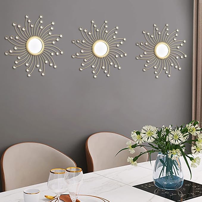 Uaussi 3 Pack Crystal Sunburst Wall Mirror Décor Rhinestone Mirrors Decorative Home Wall Art for Living Room Bedroom Entryway(Curle Burst Gold)